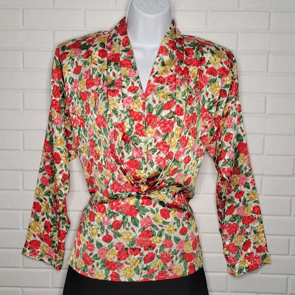 Vtg 80s Michelle Stuart Sz 6 Roses Floral‎ Pleat-front blouse office maximalist